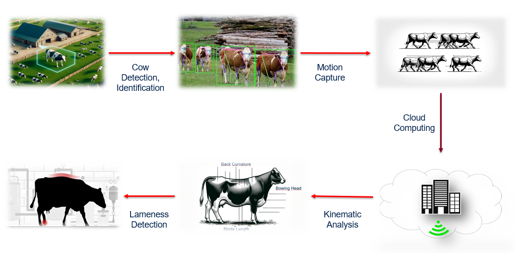 Pipeline Architecture Diagram showing cow detection, motion capture, kinematic analysis, and lameness detection workflow